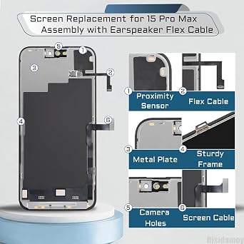 for iPhone 15 Pro Max Screen Replacement 6.7'' with Earpiece Proximity Sensor LCD Touch Full HD Screen Digitizer Frame Assembly Ambient Light Sensor Tool Kit Fits A3106 A2849 A3105 A3108
