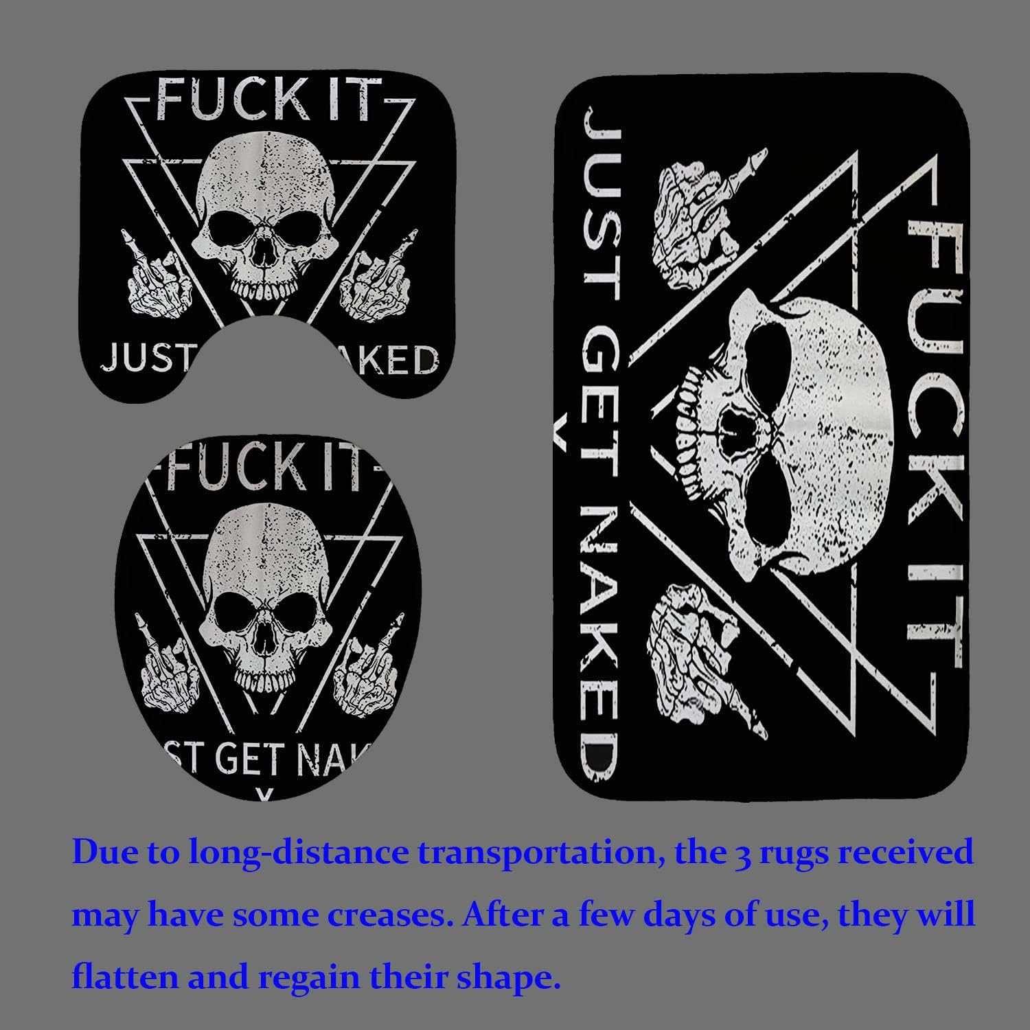 Camille&Andrew 4PCS Just Get Naked Shower Curtain Set, Black and White Gothic Skull with Middle Finger Geometric Triangle Rock and Roll Skeleton Funny Quotes Bathroom Decor, Non-slip Bath Mat, Fuck it