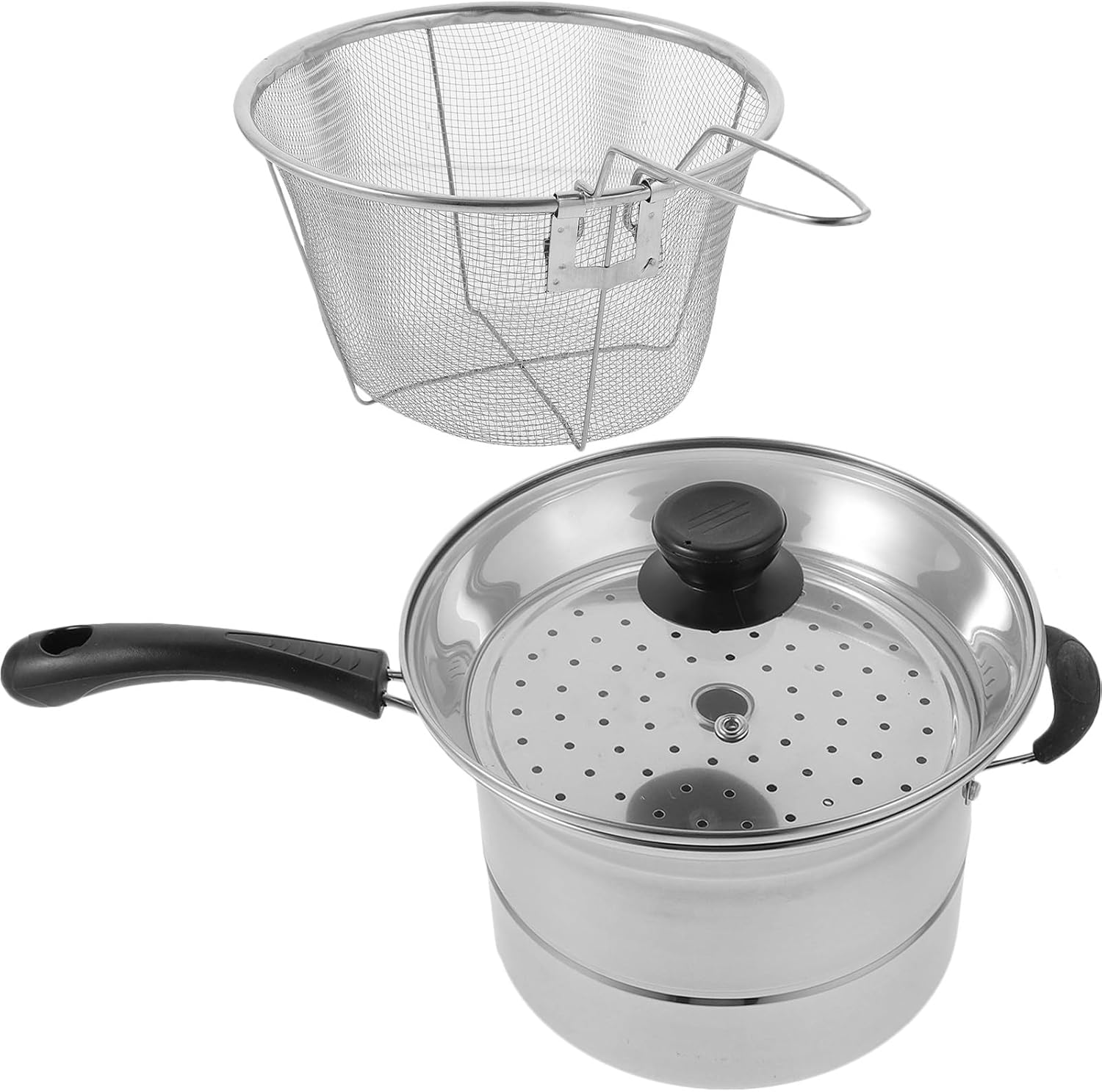 Stainless Steel Cooking Pot and Kitchen Steamer 22cm Multipurpose Instant Noodle Pot with Handle for Home Use Soup and Egg Steaming Random Style