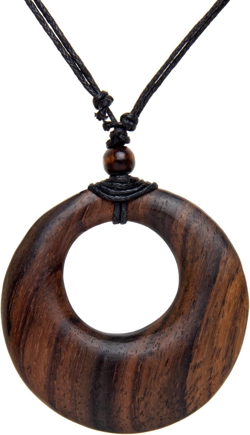 Hand Carved Brown Wood Round Tribal Pendant - Large Wooden Disc Adjustable Pendant Necklace - Natural Ladies Gifts - Gothic Jewellery -Wooden Handmade Necklaces