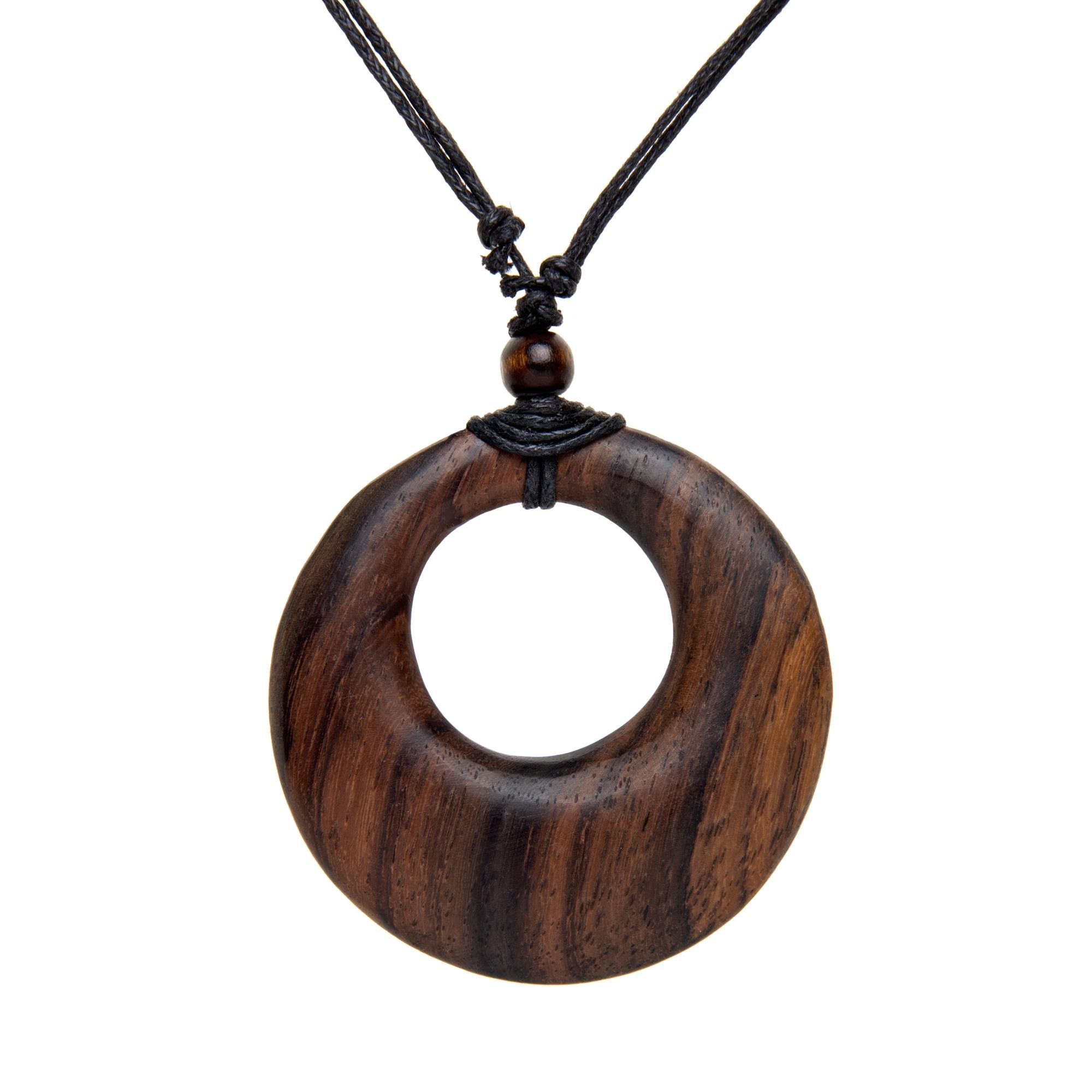 Hand Carved Brown Wood Round Tribal Pendant - Large Wooden Disc Adjustable Pendant Necklace - Natural Ladies Gifts - Gothic Jewellery -Wooden Handmade Necklaces