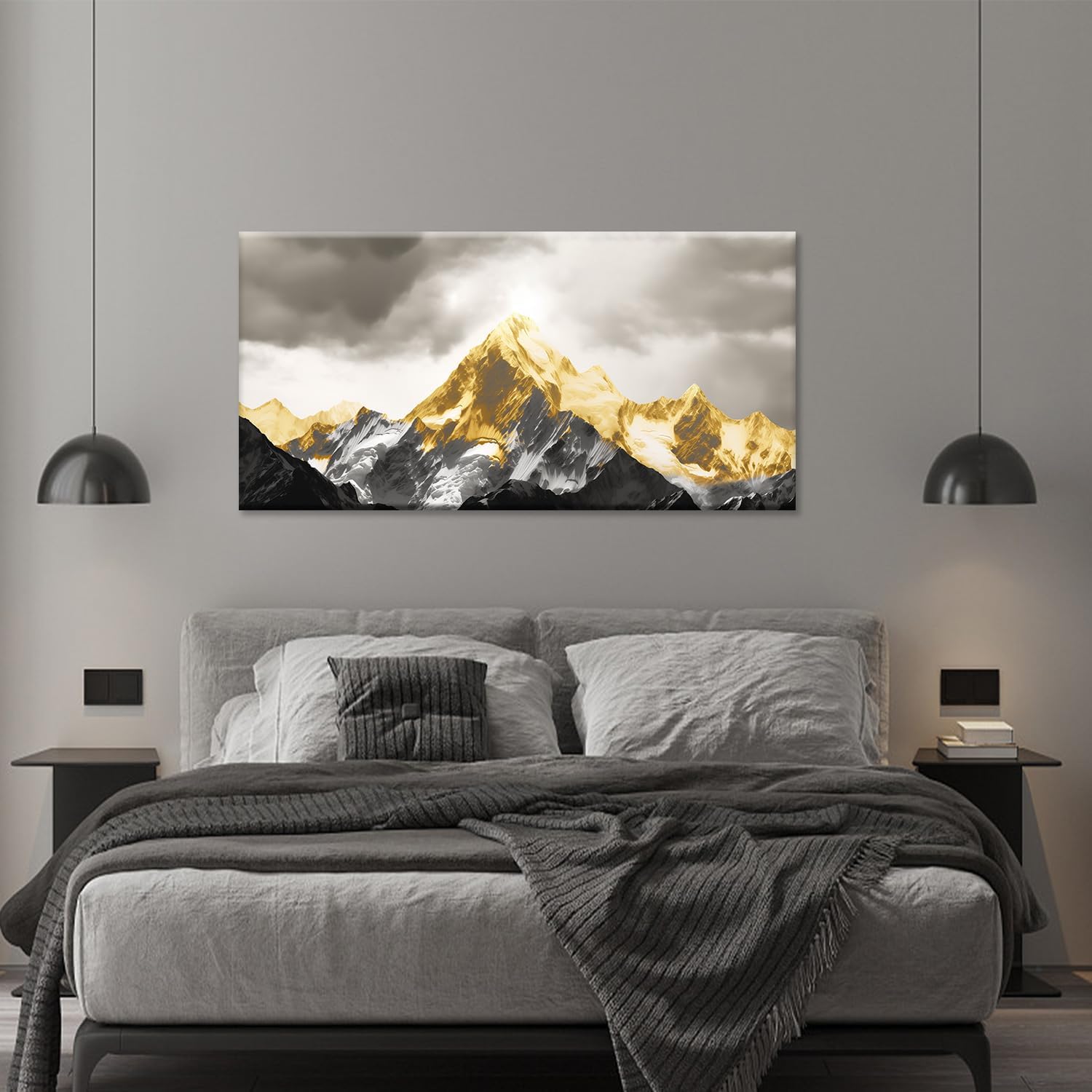 MODOJOART Mountain Canvas Wall Art, Black and White Gold Spectacular Mountains Poster Picture Modern Nature Landscape Painting Print for Study Office Decor(Artwork-02, 16"x8")