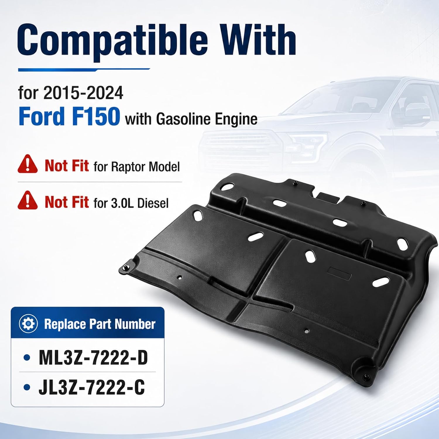 Engine Splash Shield ML3Z-7222-D JL3Z-7222-C Engine Splash Guard Under Cover Compatible for 2015-2024 F150 with Gasoline Engine (Not Fit for Raptor Model & 3.0L Diesel)