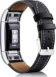 Mornex Replacement Leather Band Compatible with Fitbit Charge 2, Classic Genuine Leather Wristband for Men Women(Black-Silver Buckle)