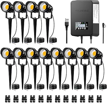 SUNVIE 12 Pack Low Voltage Landscape Lights with 300W Transformer, 12-24V LED Spotlights, Waterproof Aluminum, 3000K
