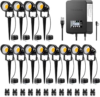SUNVIE 12 Pack Low Voltage Landscape Lights with 300W Transformer, 12-24V LED Spotlights, Waterproof Aluminum, 3000K Warm White