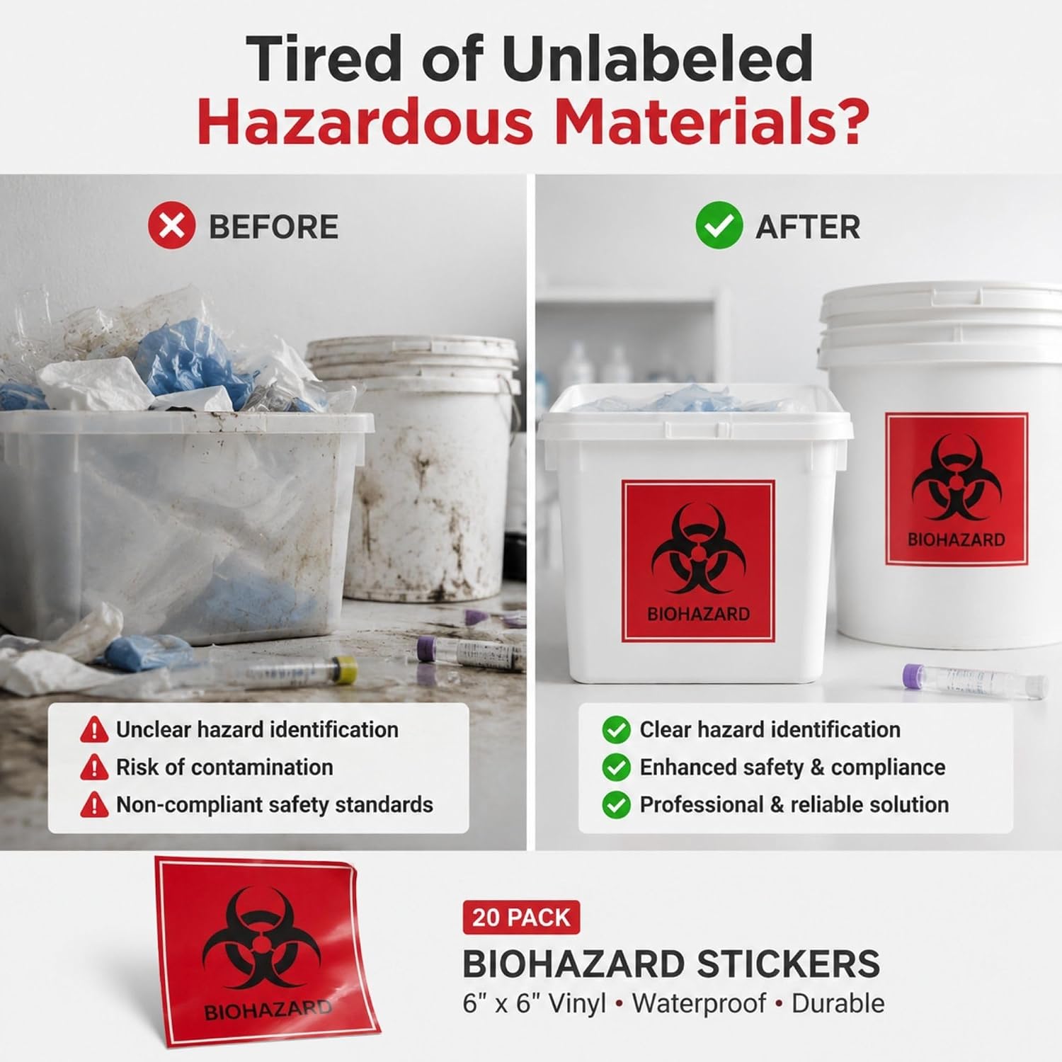 Biohazard Stickers 20 Pack, 6" x 6" Biohazard Warning Vinyl Labels