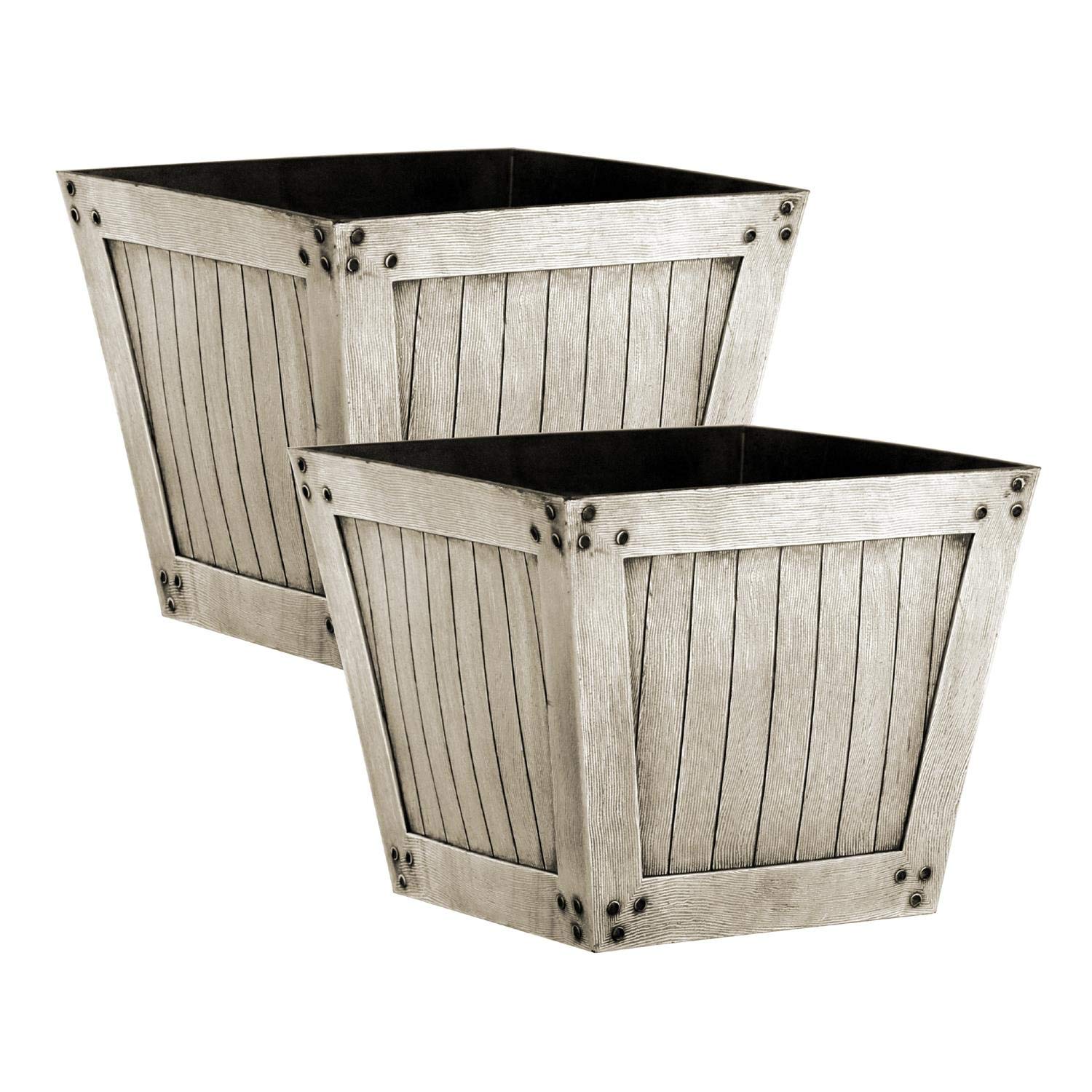 Slatted Wood Style Plastic Planter - Natural, Set of 2 - Suitable for Indoor or Outdoor Use - 25cm (H) x 31cm (Dia)