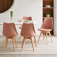 EGGREE set 4 scaune de dining stil scandinav cu picioare din lemn masiv de fag, testate SGS, tapițerie din piele ecologică căptușită, roz prăfuit 2