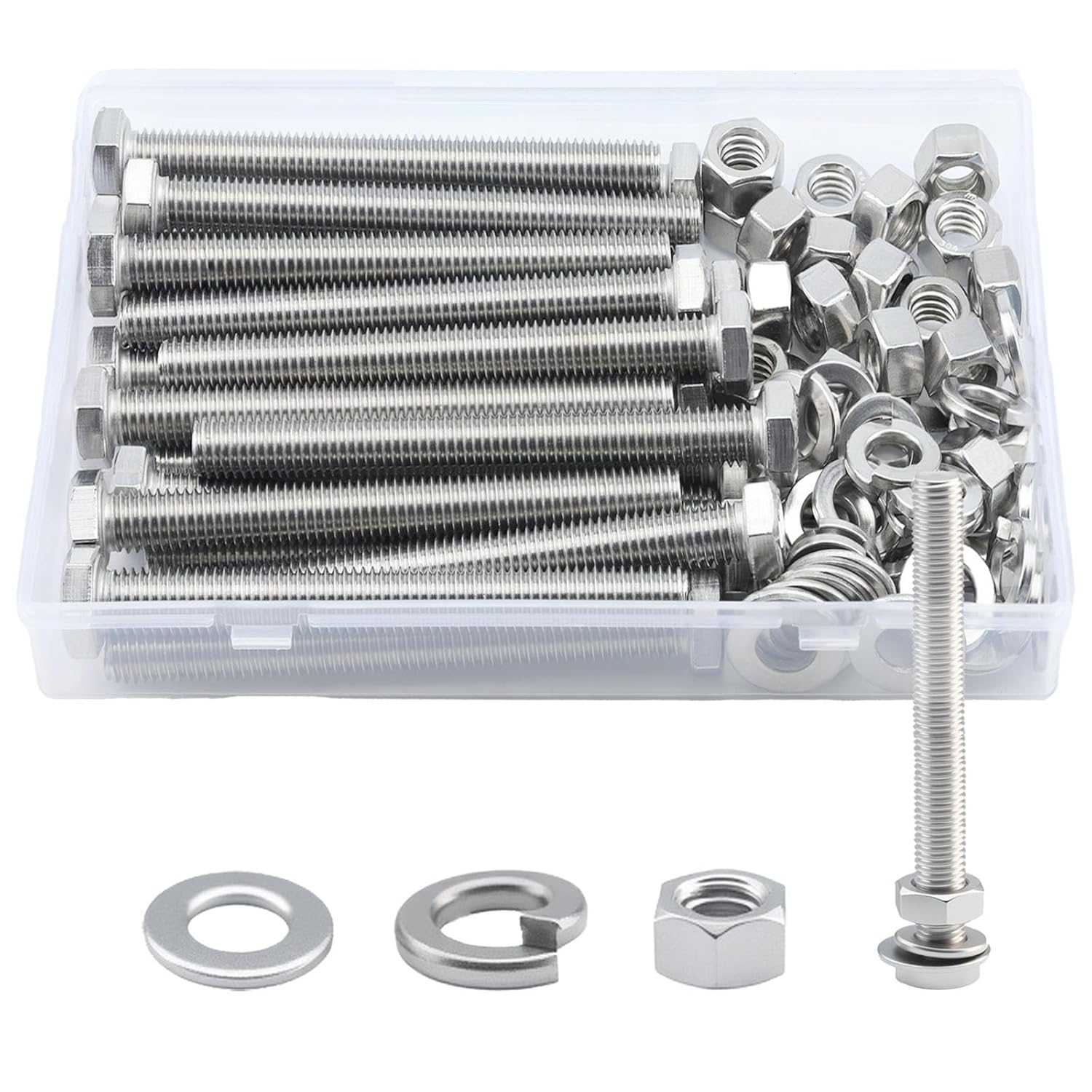 3/8-16 x4 Hex Head Screw Bolt(20 PCS), Lock Nuts,Flat & Lock Washers Kits,304 Stainless Steel 18-8,Fully Threaded.
