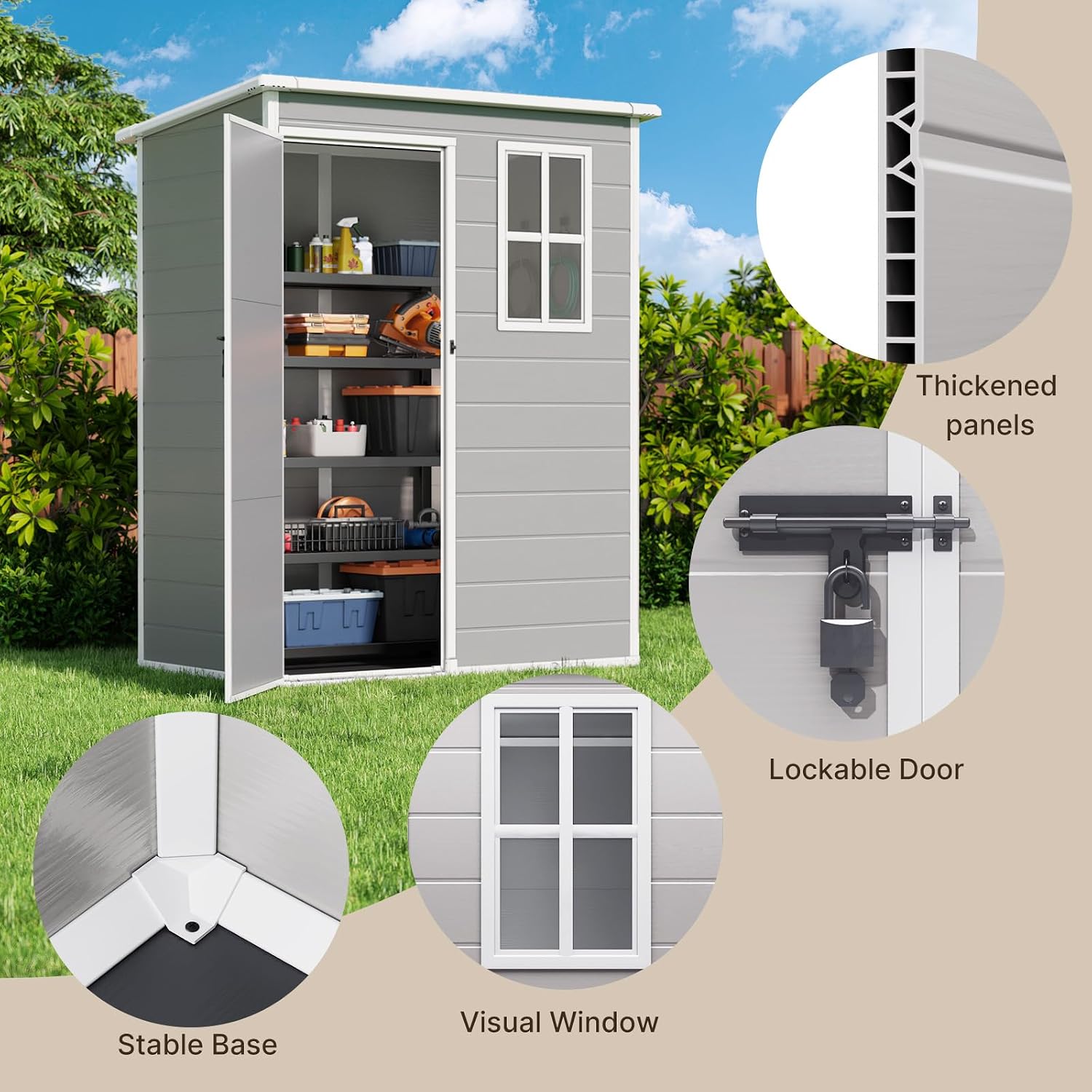 Close-up views of Gizoon shed features: thickened panels, lockable door, visual window, and stable base.