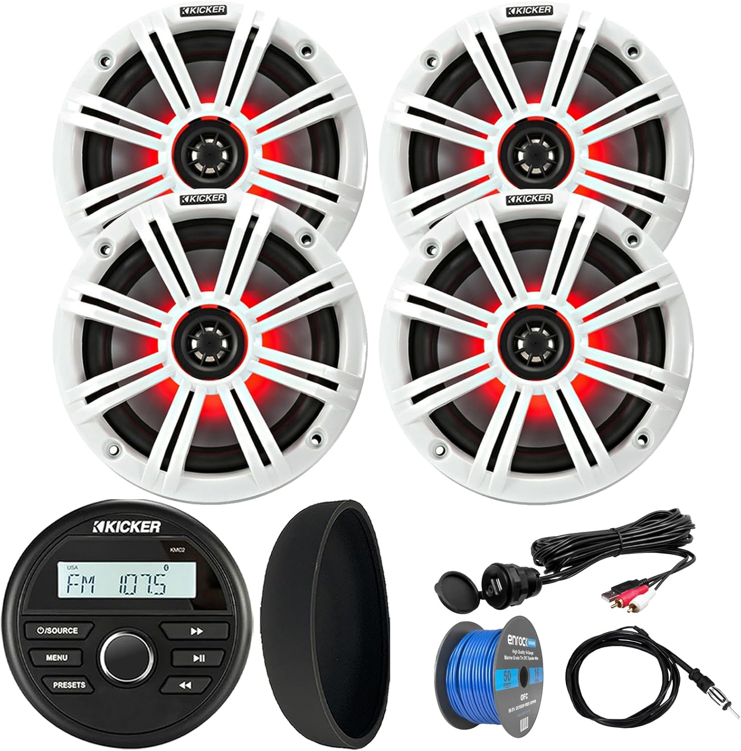 KICKER 46KMC2 Marine Bluetooth All-Weather AM/FM USB/AUX Gauge Style Media Center Receiver W/Black Cover, 4X 6.5 195W Max RGB LED Speakers W/White Grille, USB/AUX Adapter, Speaker Wire, Antenna