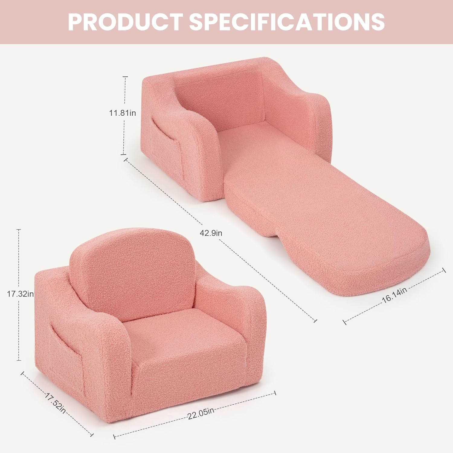 Comfy Toddler Chair & Kids, 2-in-1 Soft Couch Fold Out for Kids, Toddler Chairs Comfy 1-3 Years Old, Convertible Plush Sofa to Lounger for Girls and Boys, Pink - Image 3