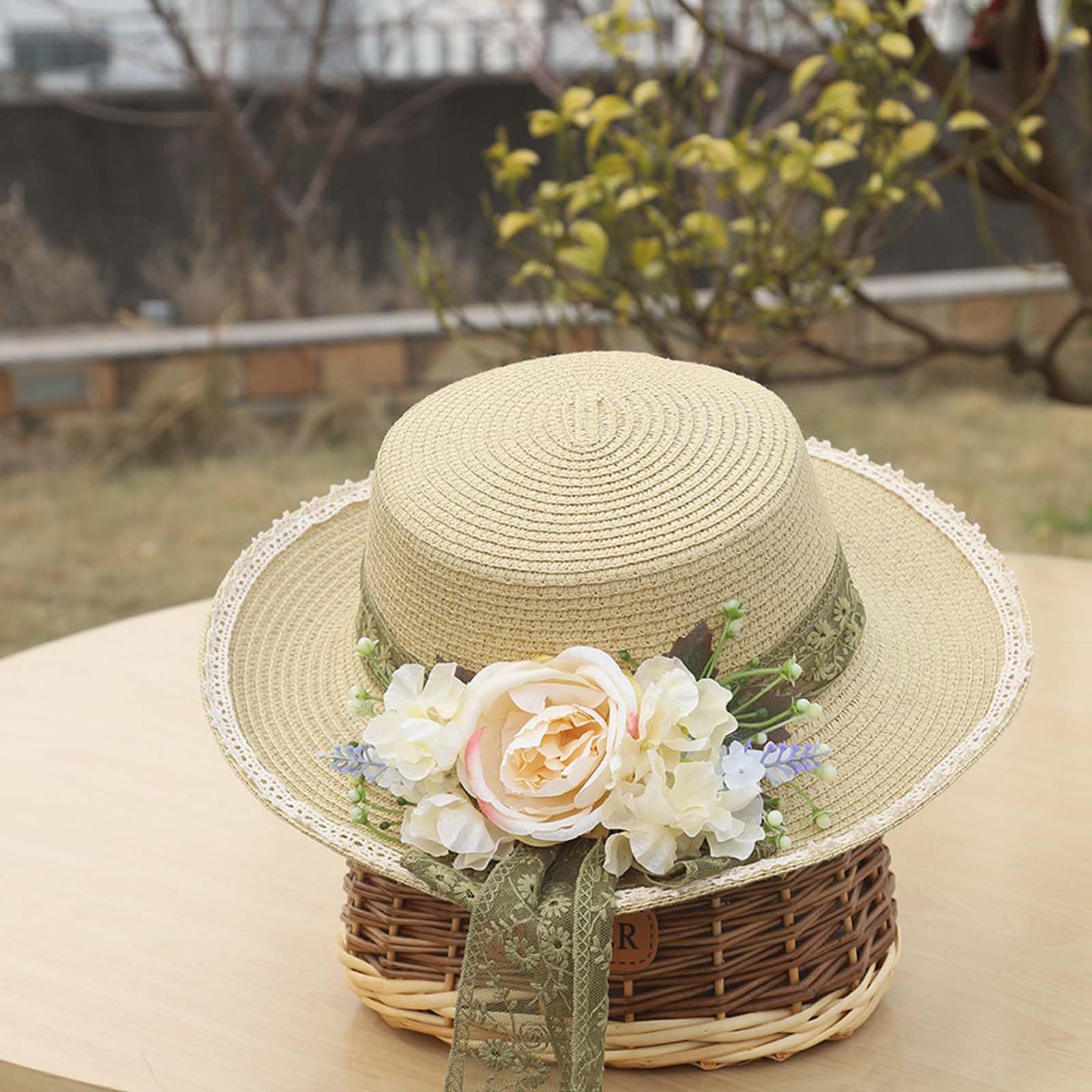 Sombrero Panamá de paja para mujer, sombrero de playa, sombrero de sol con decoración de flores, sombrero de parte superior plana, sombrero de viaje para el sol, sombrero de verano UV