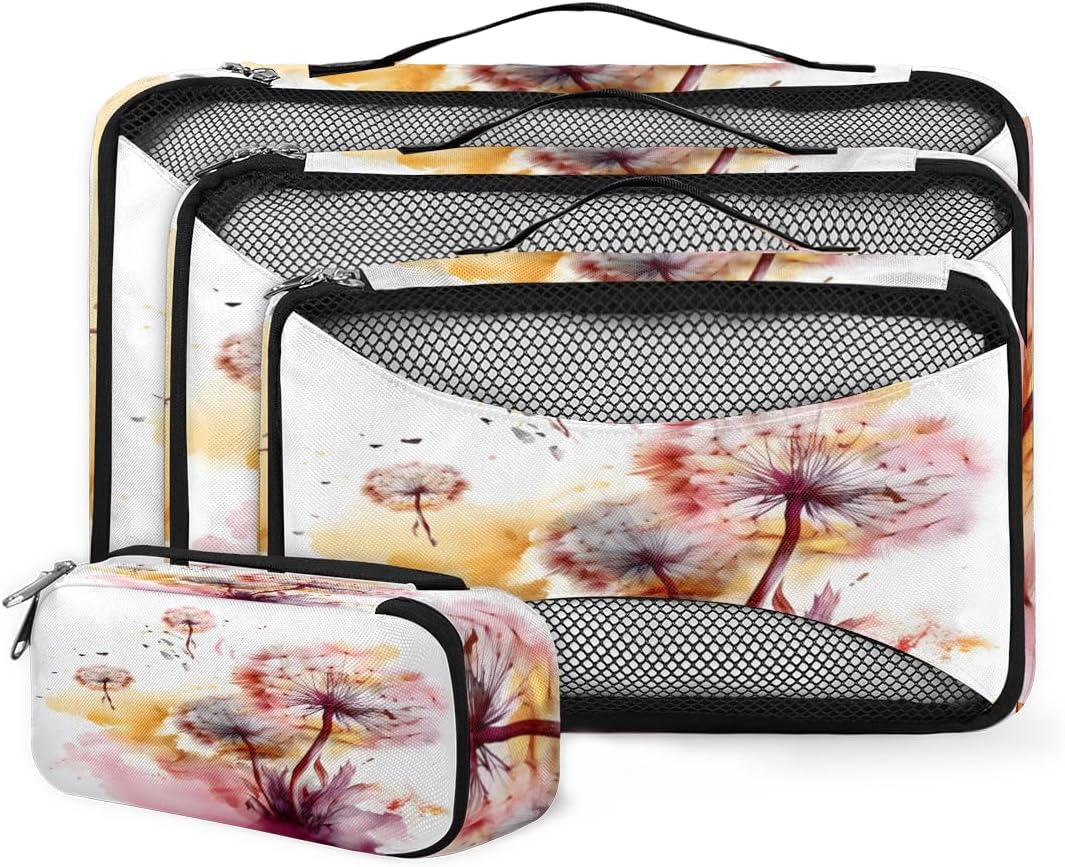 4 Set Packing Cubes for Suitcases, Travel Essentials for Carry on Luggage, Fantastic Dandelion Suitcase Organizers for Clothes Shoes Toiletries Travel Accessories in 4 Sizes - Watercolor Dandelion