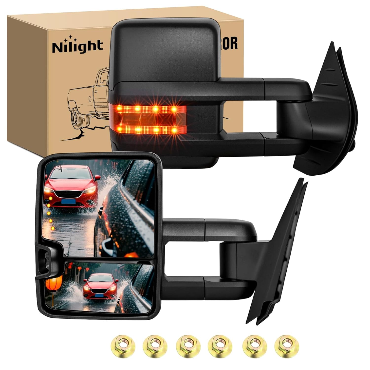 Nilight Towing Mirrors Turn Signal Reverse Puddle Lights Power Heated Adjustable Glass Manual Telescoping Folding Compatible With 2007-2014 Chevy Silverado GMC Sierra Yukon XL