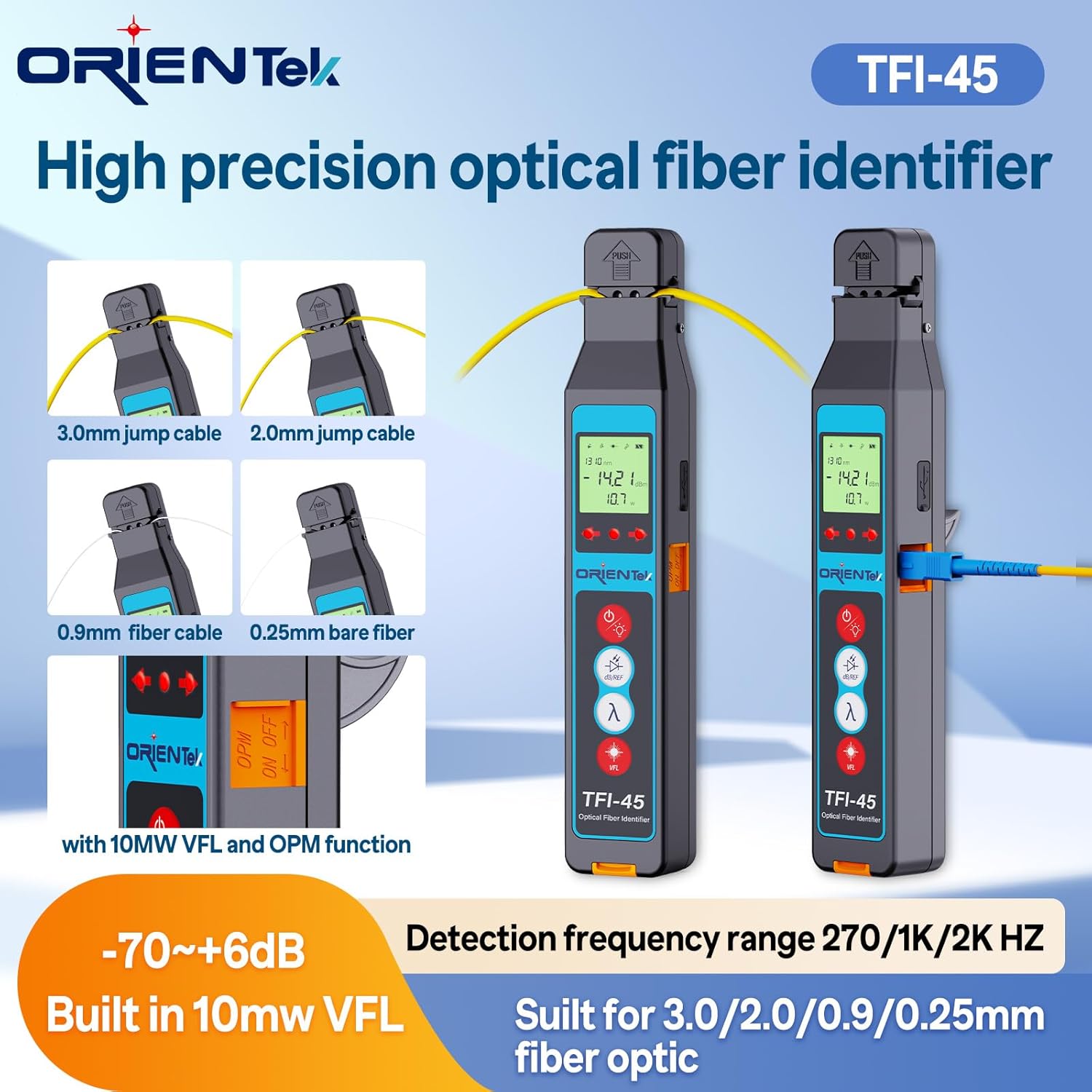Fiber Optic Identifier Orientek TFI-45 Optical Traffic Detector with Fiber Power Meter (-70~+10dB)+Cable Break Checker+LED Light+Test Wavelength from 800-1700nm OFI Cable Tester