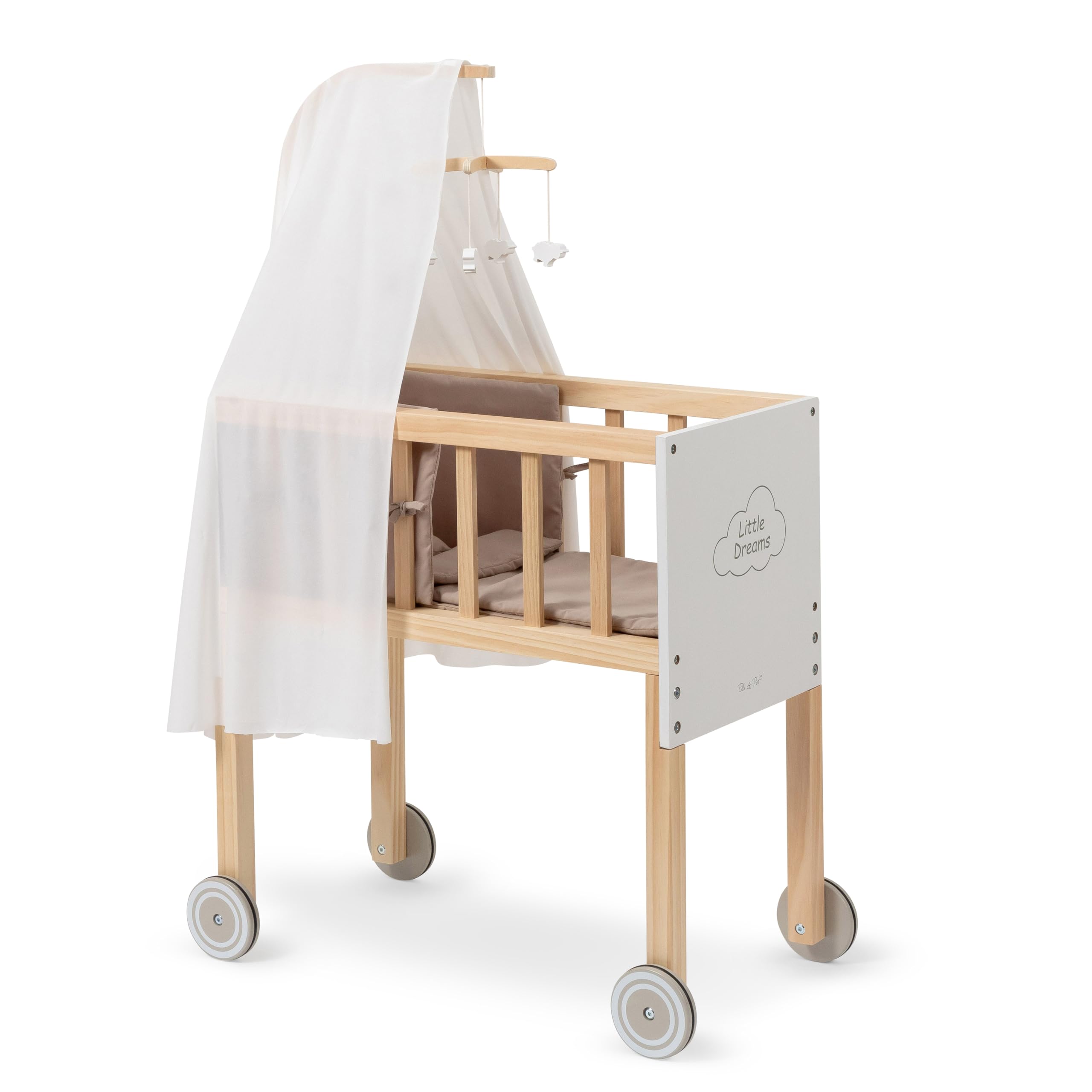 ELLA & PIET® Großer Puppen-Stubenwagen Dreamy aus Holz mit Himmel (Weiß-Schlamm) Puppenwiege Puppenbett zum schieben mit Rollen