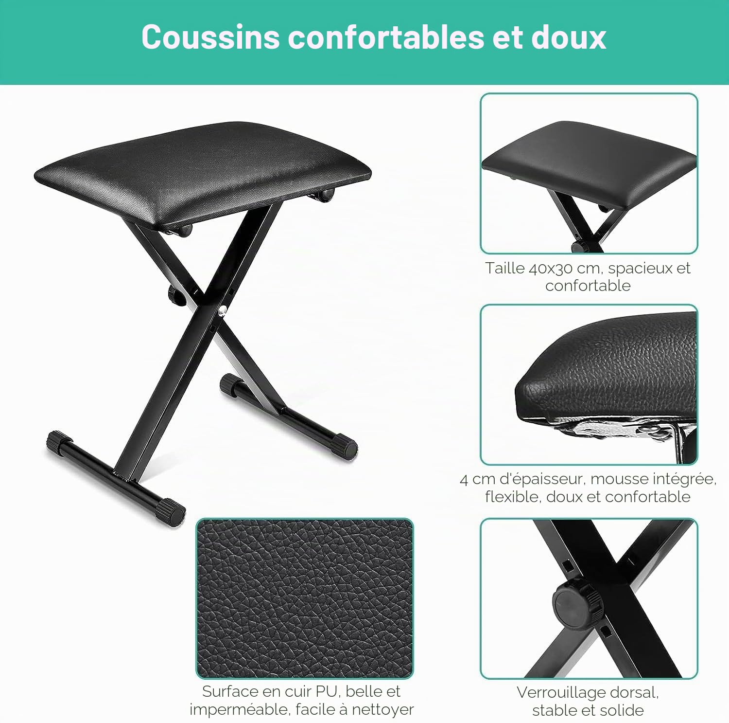 MAMIZO Tabouret Piano Réglable en Hauteur, Siege Piano en Forme de X, Banc Piano Pliable, Piano Throne Rembourré en Cuir Synthétique, Noir
