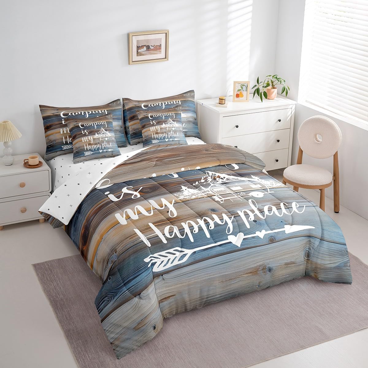 Erosebridal 7 Piece Happy Camping Queen Comforter Set with Sheets,Rustic Cabin Camper Bedding Set for Rv Bunks,Kids Adults Woodland Mountain Bed in a Bag Travel Trailer Bed Set with Pillowcases