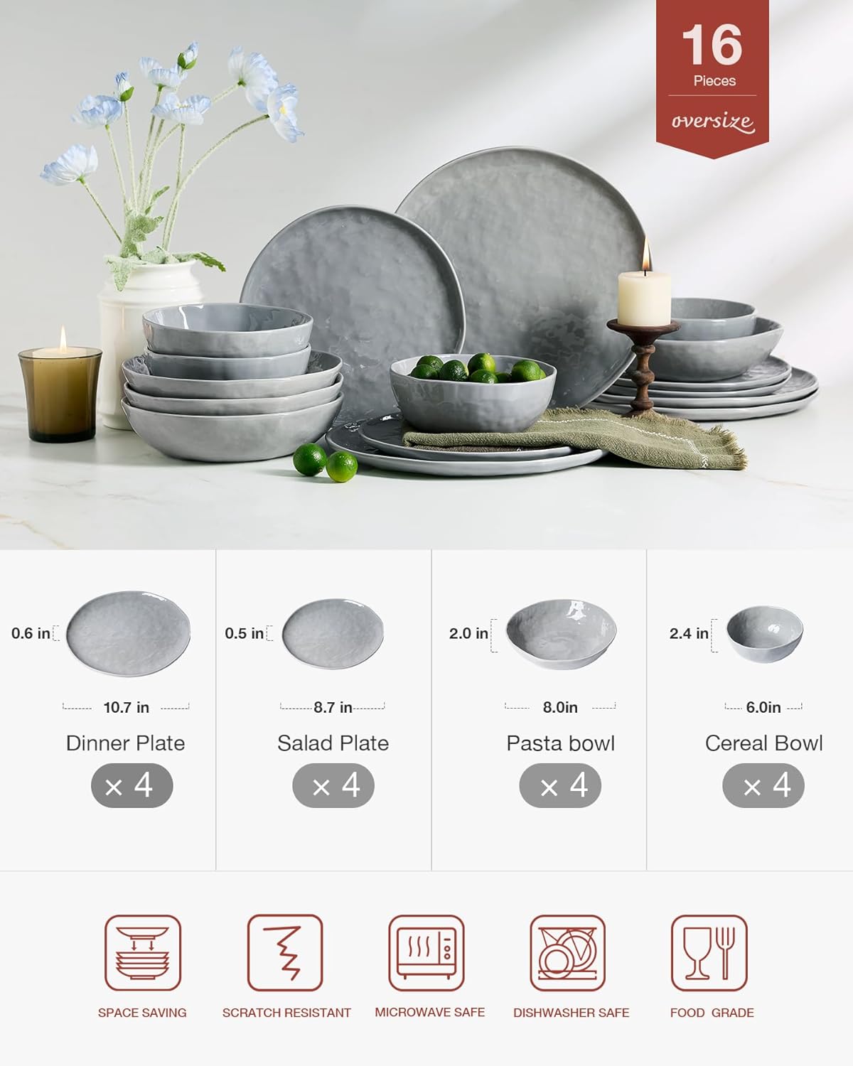Famiware Porcelain kitchen plates and bowls set, Modern dishes set for 4, Handmade Wave Edge Dinnerware Sets, Microwave and Dishwasher Safe Tableware, Sleek Grey (16pc) - Image 2