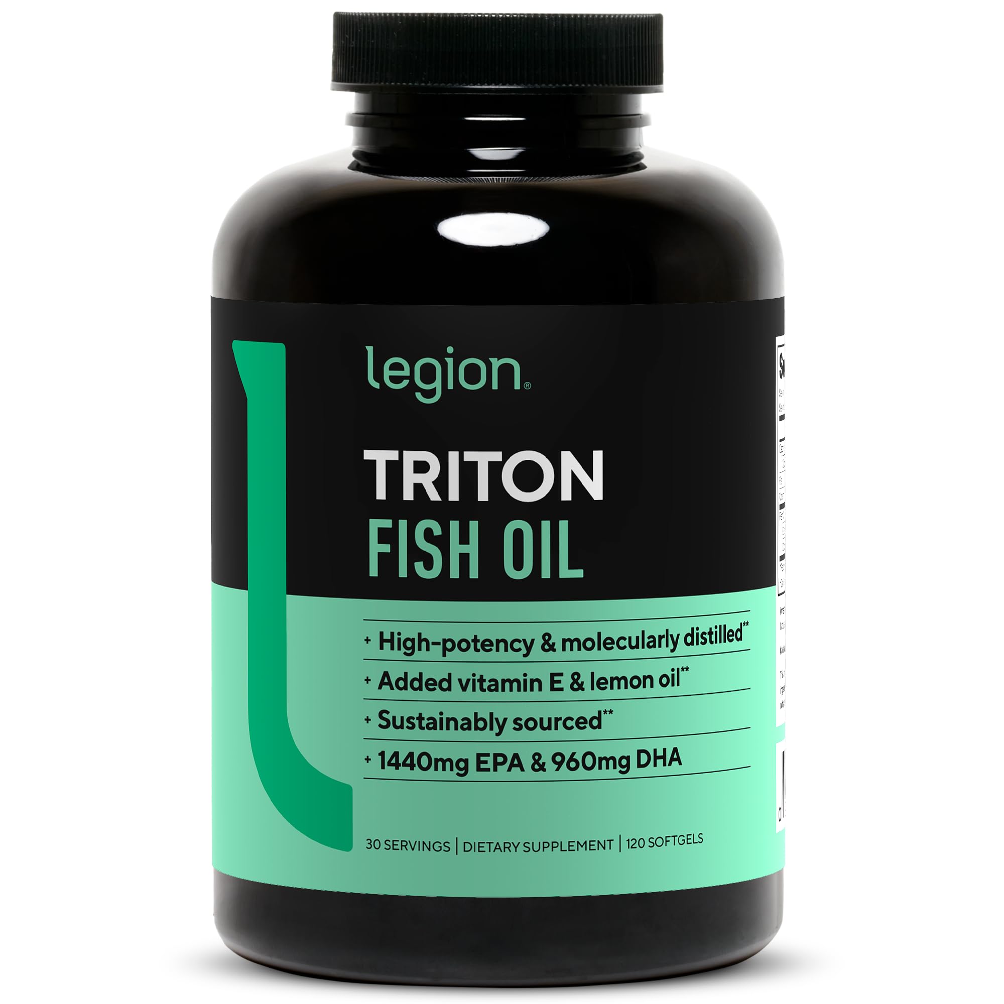 LEGIONTriton Fish Oil Capsules - Triple Strength Omega 3 Essential Fatty Acids with Vitamin E & Lemon Oil for Maximum Absorption, Freshness & Purity - 2400mg EPA & DHA Per Serving, 30 Svgs