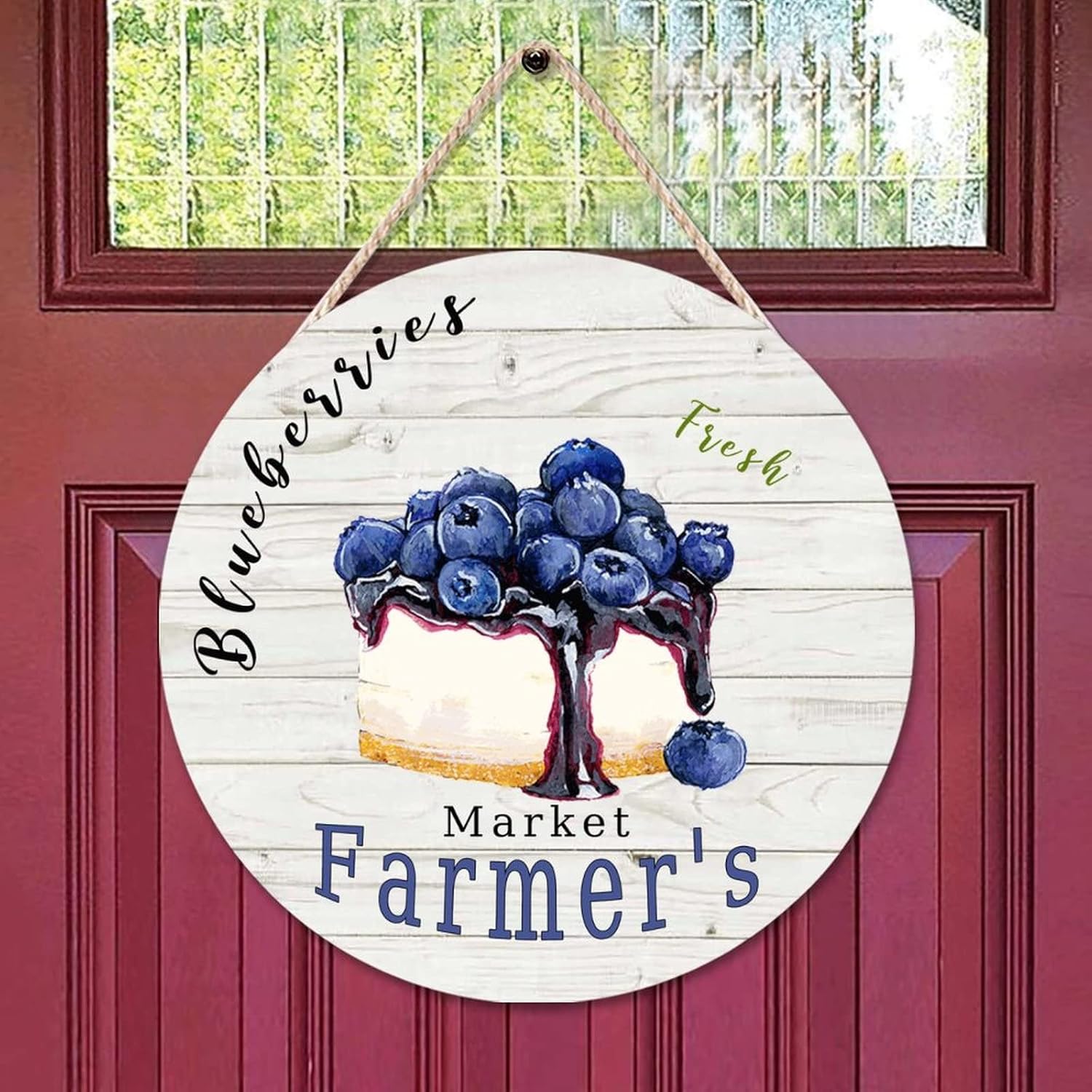 Vintage Fruit Blueberry Round Door Hanger Sign, Rustic Wood Door Sign, 16x16in Vintage Wall Door Hanging Sign Farmhouse Backyard Door Hanger Wall Decor Housewarming Gifts