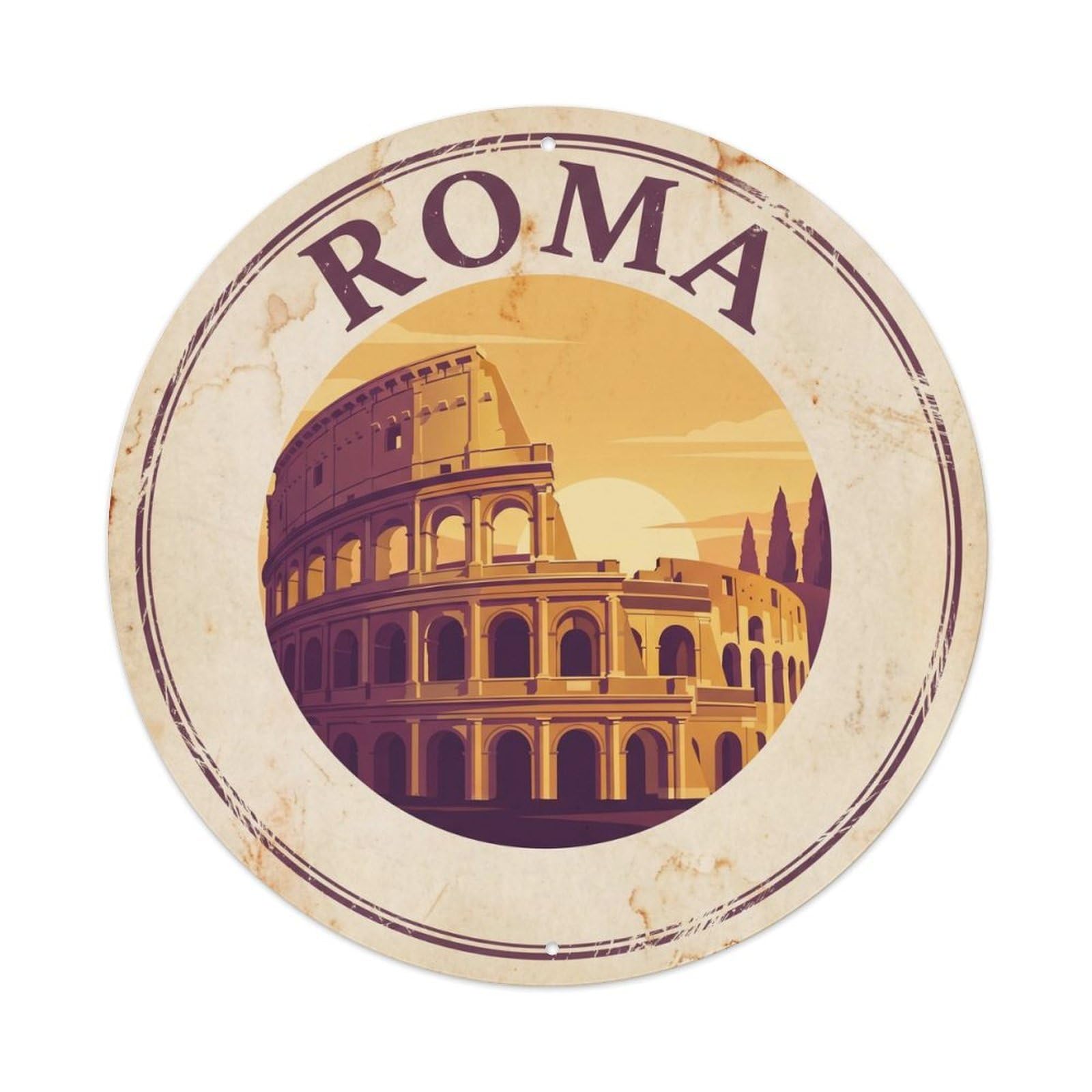 Vintage Travel Rome Colosseum Sunset Metal Tin Sign Plaque Wall Decor for Cafe, Club Bar, Office, Home Garden Round Metal Poster 8x8Inch