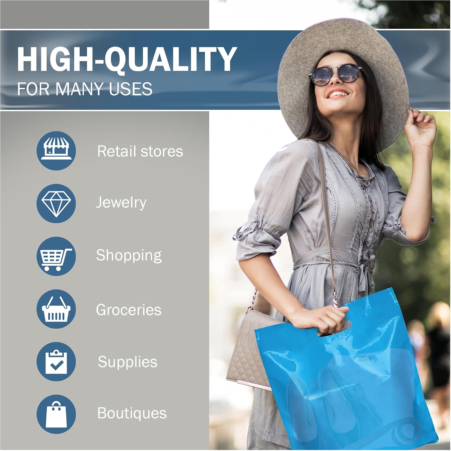 16x16 Blue Plastic Merchandise Bags, Glossy Finish, Large Retail Size, 100 Pack, 2 Mil Thick, with Die-Cut Handles by PPB