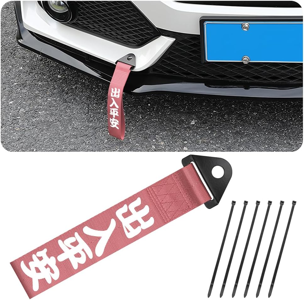AICEL Car Racing Tow Strap, Nylon High Strength JDM Sports Style Decorative Traction Rope, Chinese Slogan Car Exterior Towing Strap, Universal Tow Hook Ribbon for Rear or Front Bumper (Pink)