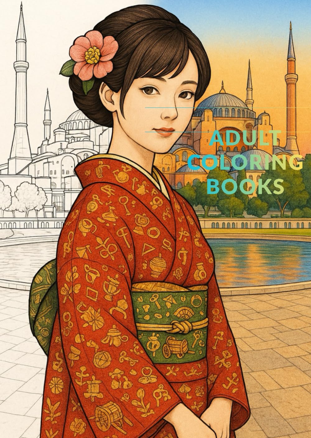 Relaxing Coloring Book for Adults: Japanese Kimono Beauties and Famous World Landmarks