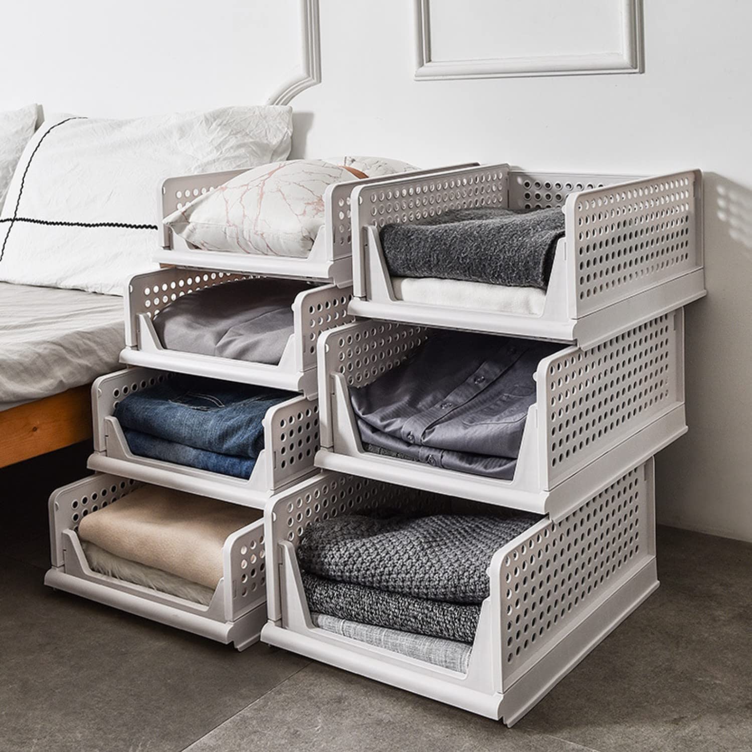 3 Stück Stapelbare Kleiderschrank Aufbewahrungsbox,Faltbar Lagerkisten Schublade,Plastik Aufbewahrungsboxen Lagerkästen für Badezimmer,Schlafzimmer,Küche43×33×18.5cm Weiß