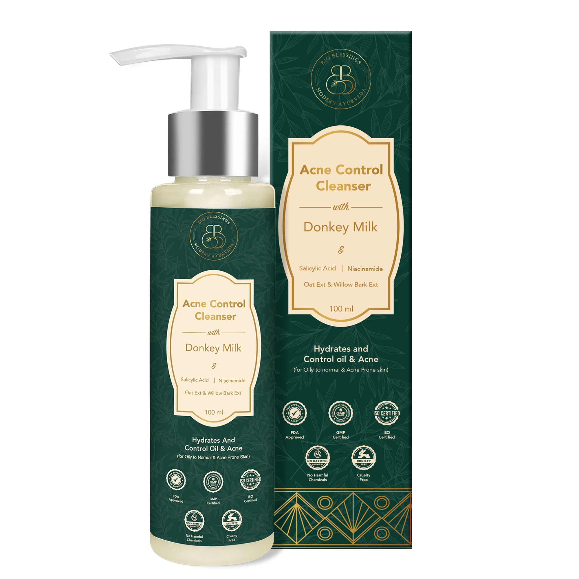 Bio Blessings Donkey Milk & 2% Salicylic Acid Acne Control Face Wash for Women & Men | With 2% Salicylic Acid, 2% Niacinamide, Oat Ext & Willow Bark Ext | Anti-Acne Face Wash for Oil Control, Pore cleansing - 100ml