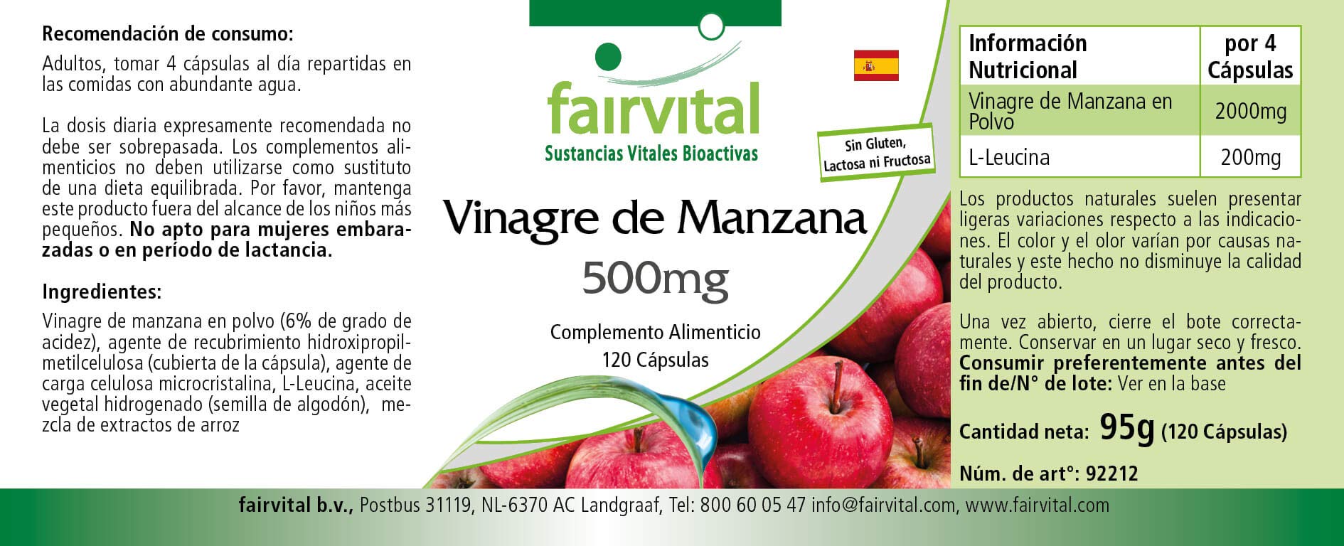 Cápsulas de vinagre de manzana, 120 cápsulas, 500mg, veganas, alta dosis