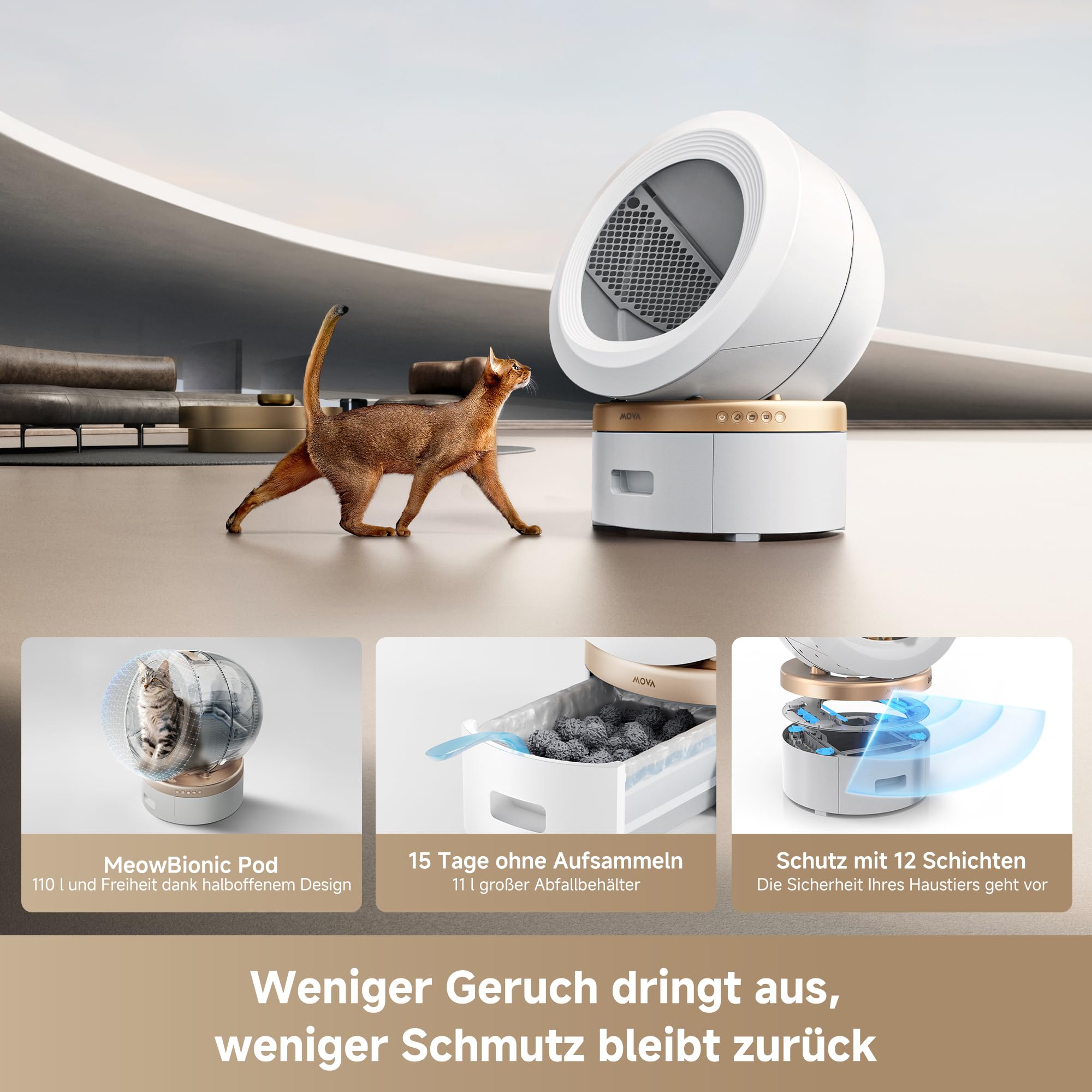 MOVA MeowgicPod LR10 Prime Intelligente Katzentoilette mit 110, 15 Tage ohne Aufsammeln, Frische dank Doppelkammersystem, Entnahme mit nur einer Bewegung,Intelligente Katzenbetreuung,App-Fernsteuerung