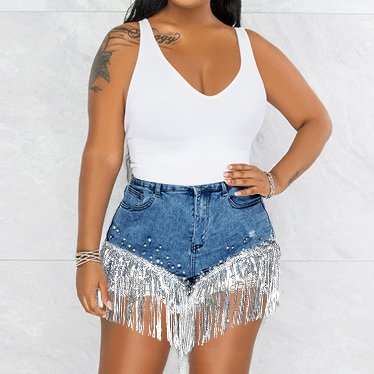 LifeShe Women Denim Short Rhinestone Pearl Beaded Fringe Tassel Jean Shorts - Image 6