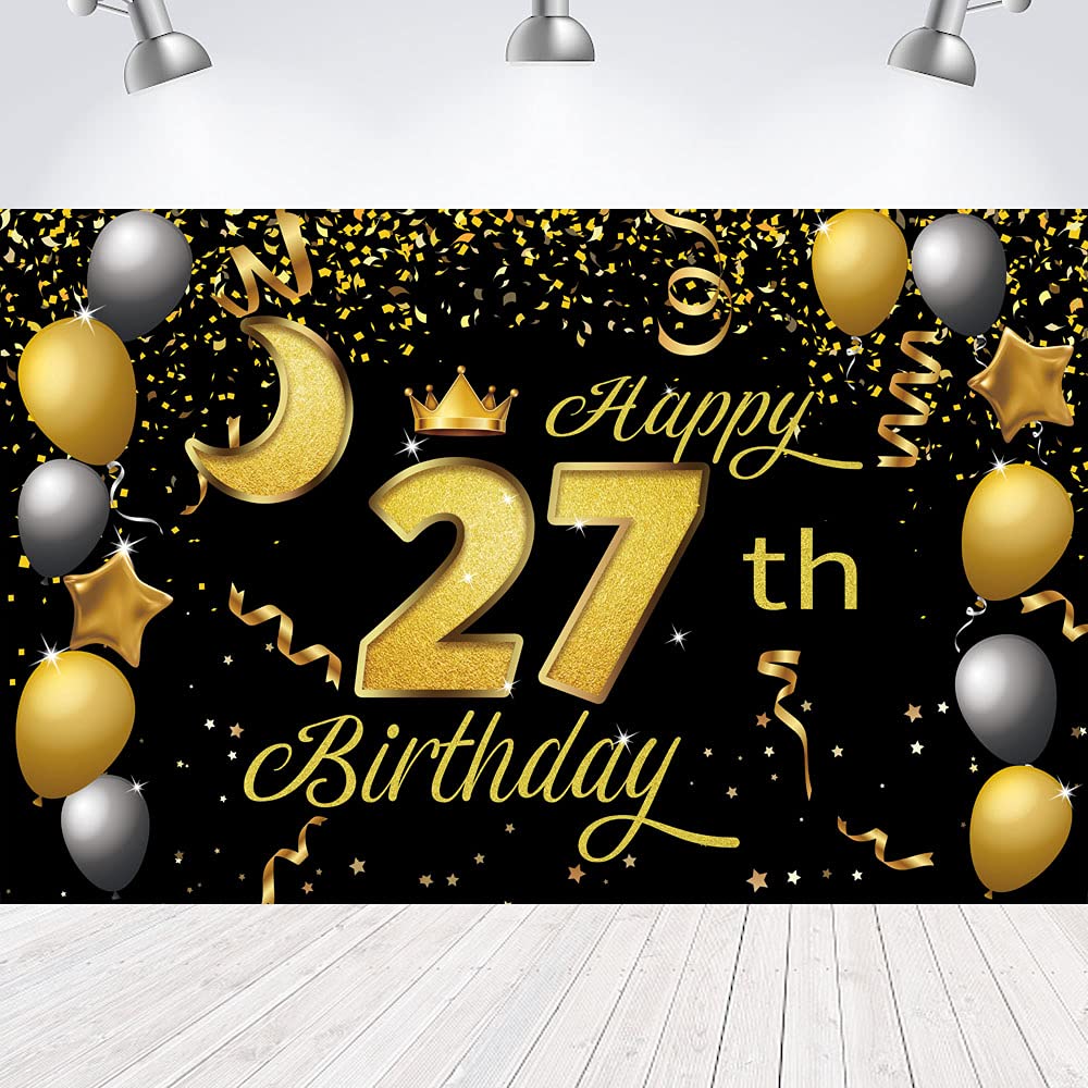 WXLWXZ Sweet Happy 27th Birthday Backdrop Banner Poster 27 Birthday Party Decorations 27th Birthday Party Supplies 27th Photo Background for Girls,Boys,Women,Men - Black Gold 72.8 x 43.3 Inch