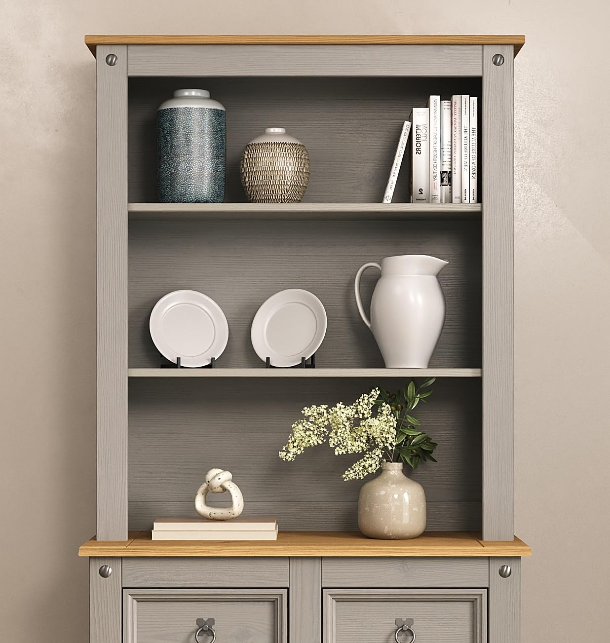 Corona Sideboard Hutch Solid Wood Pine Welsh Dresser Top – Grey Wax Painted with Shelves, Rustic Storage Display Unit for Kitchen Hallway Living Room & Lounge