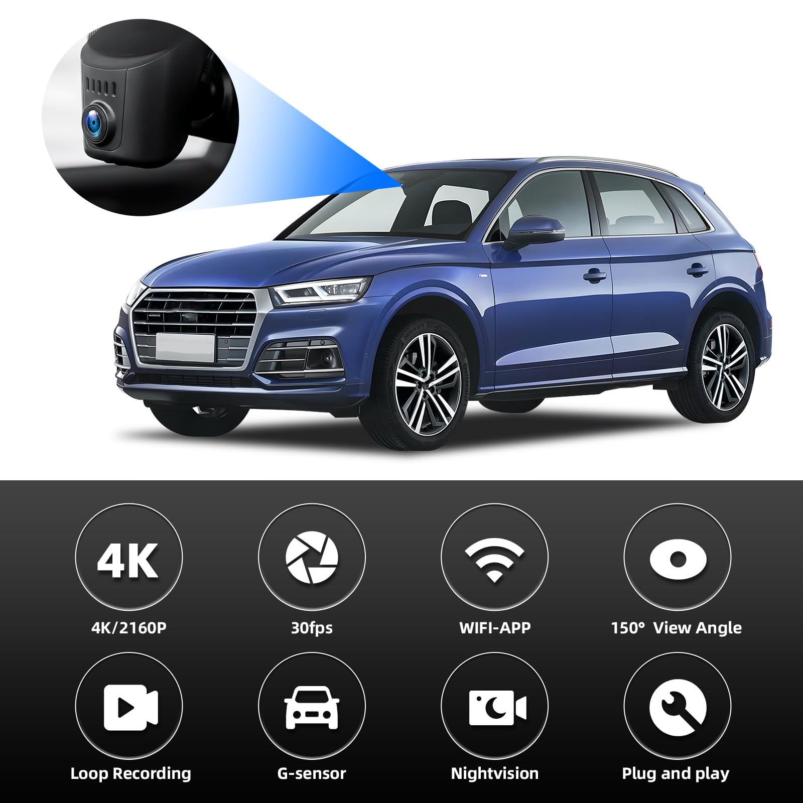 CAMECHO Dashcam 4K Compatibile con Porsche Cayenne 911, macchina fotografica 2160P 30fps Wi-Fi Video con sensore G, registrazione loop, dash cam per auto, accessori OEM Audi