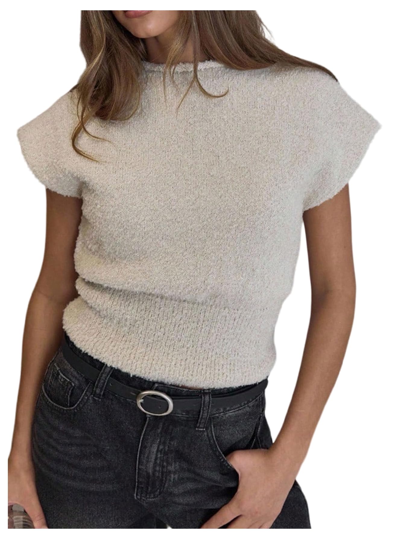 Milumia Womens Fuzzy Fleece Knit Sweater Short Cap Sleeve Cinched Waist Crop Tops