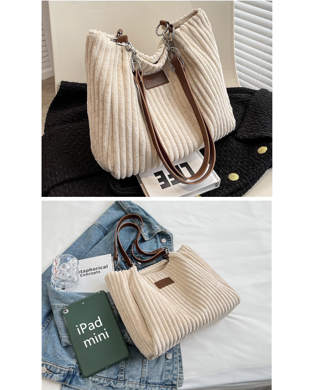 Ulisty Femmes Velours côtelé Cabas Décontracté Sac fourre-Tout Quotidien Sacs portés épaule Sac de Courses Mode Sac à Main