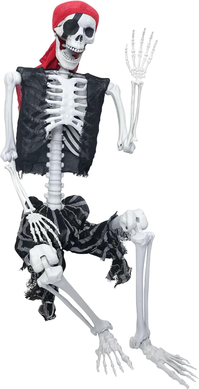 5.4ft Halloween Posable Skeleton Realistic Life Size Human Skeleton Bones Pirate Style with Movable Joints for Halloween Props Spooky Party Decoration
