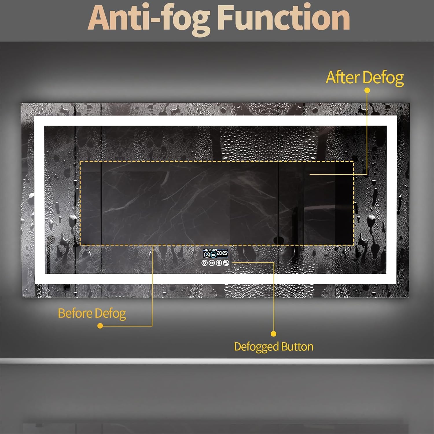 Diagram showing the dimensions of the Wisfor mirror and the demister area, along with the back panel layout for installation.