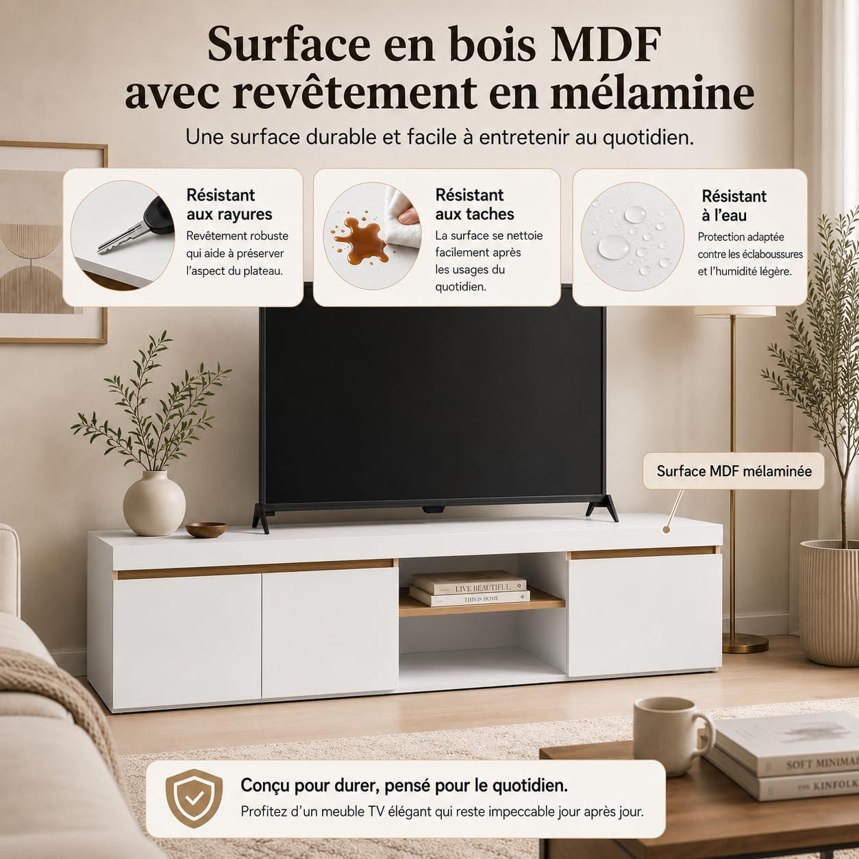 Meuble TV Blanc et Bois 160x40,5x39,6 cm – Meuble Bas Design Moderne avec 3 Portes et Niche, pour Salon ou Chambre.