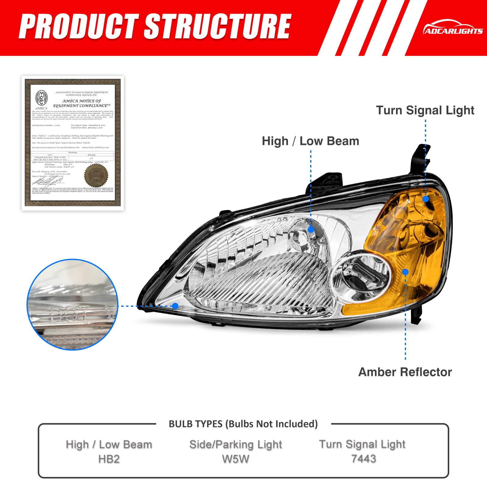 Civic | 0 1 2 2001-2003 ADCARLIGHTS 2⁄4drヘッドライト シビック ES 