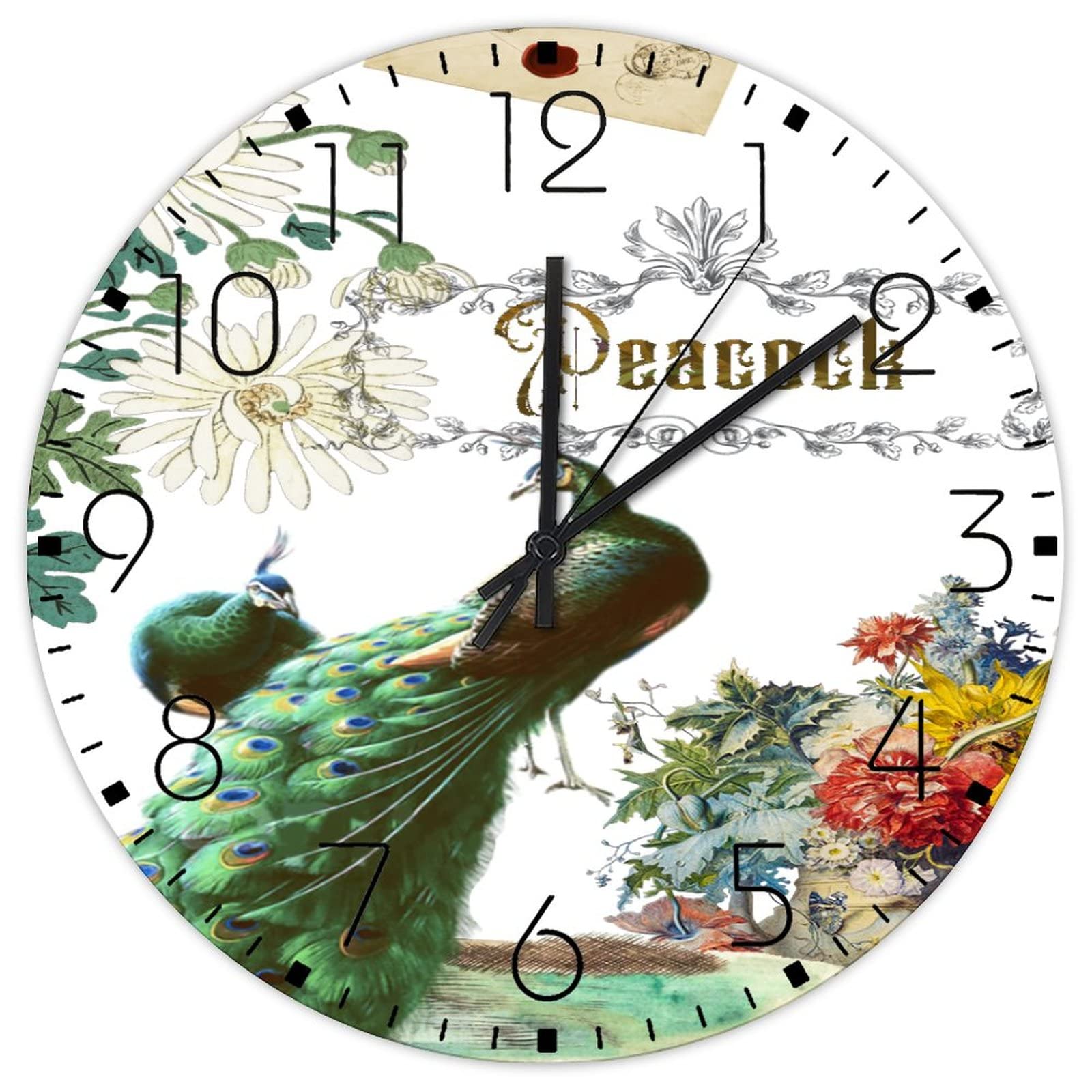 Horloge murale en bois fleur et paon silencieuse pour salon