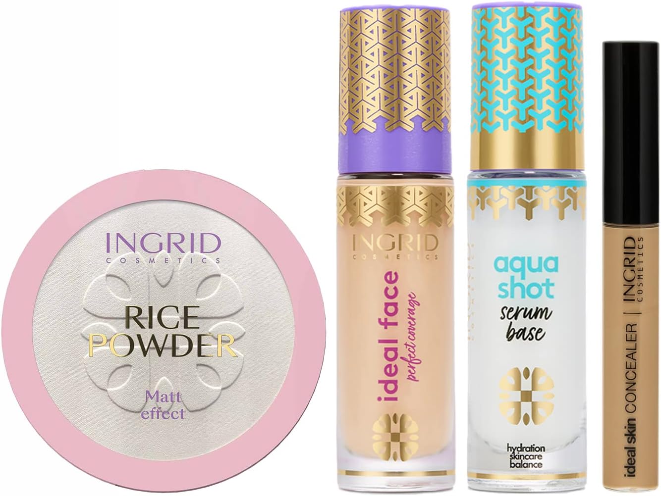 Ingrid Cosmetics Make-up Set, Superb Face Basis 16, Superb Pores and skin Concealer 11, Moisturising Make-up Base Aqua Shot, Matte Rice Powder