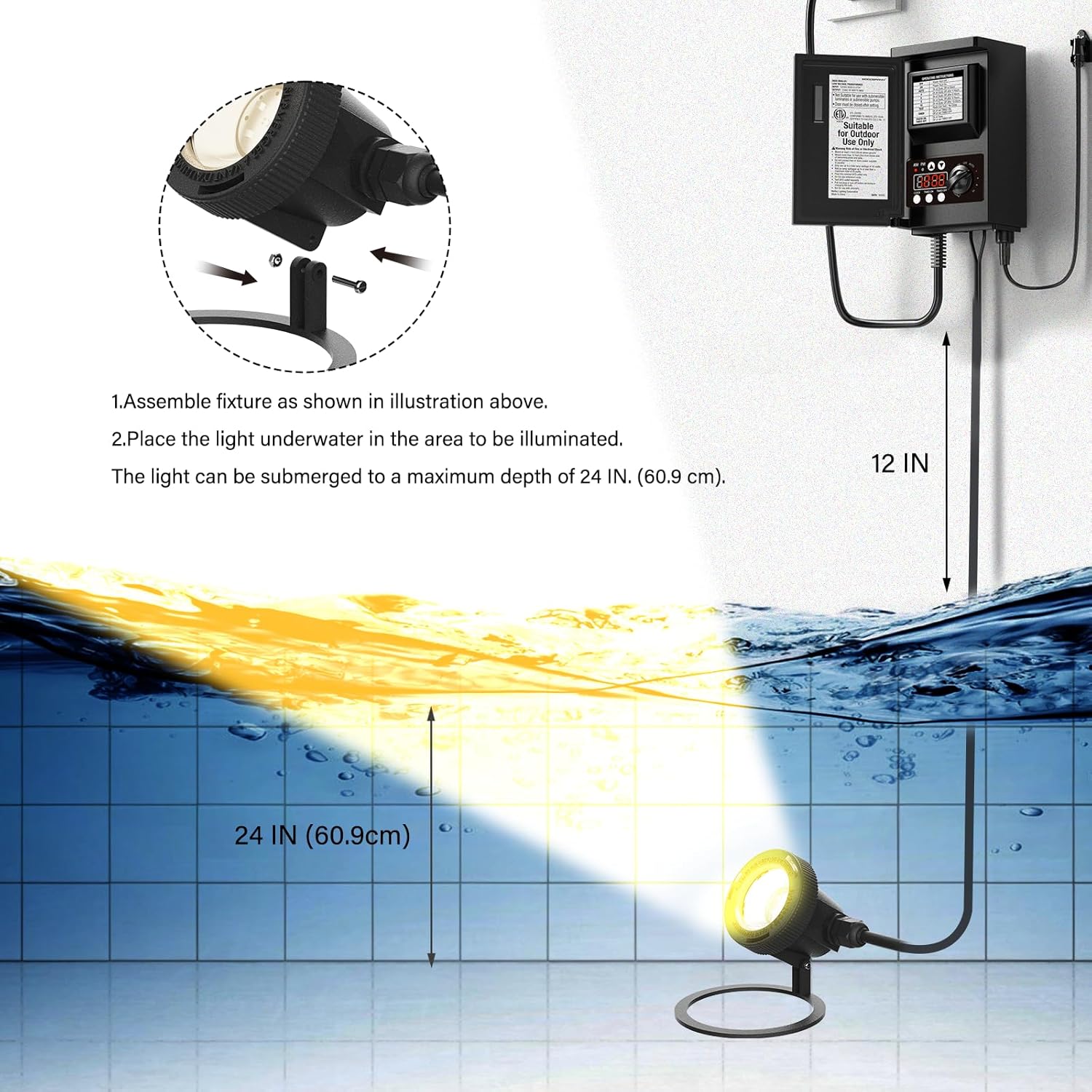 GOODSMANN Landscape Lighting Pond Lights Led Underwater Submersible Lights 2PK Fountain Lights Outdoor 5.4W 135 Lumen 2900K Warm White Low Voltage Pond Lights with Power Cord Waterproof
