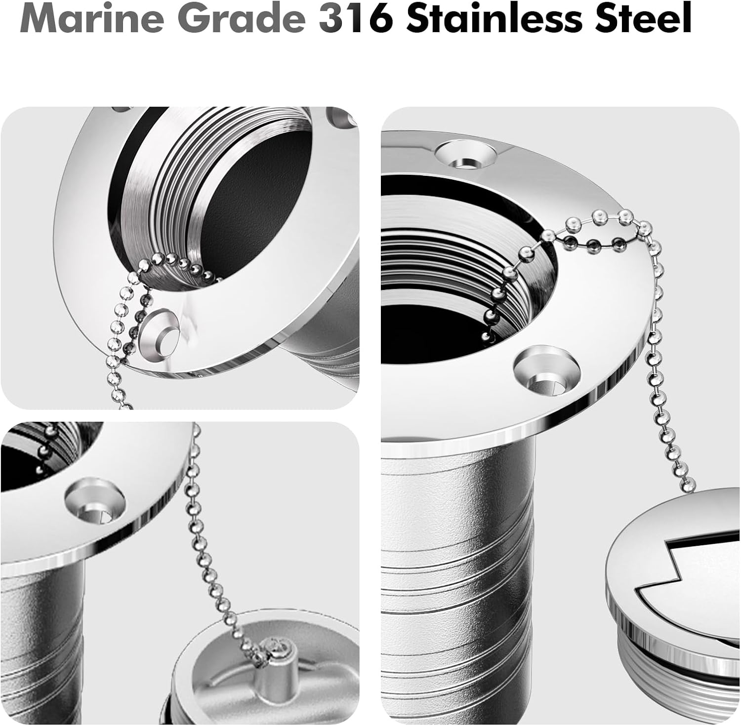 1-1/2 Inch Boat Deck Filler, 316 Stainless Steel Straight/Angled Marine Deck Fill Fitting for Gas/Fuel/Diesel/Waste/Water with Cap & Chain for Boat, Yacht, RV