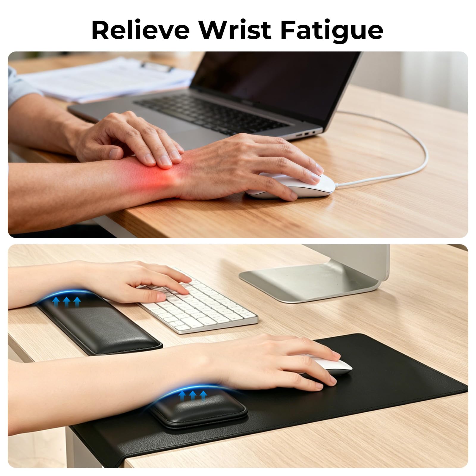 EooCoo Alfombrilla Ratón, Alfombrilla Escritorio, Reposamuñecas Teclado | Comodidad Ergonómica para Muñeca, Superficie Lisa de Cuero Premium, Set Completo de 3 Piezas, Ideal para Regalar
